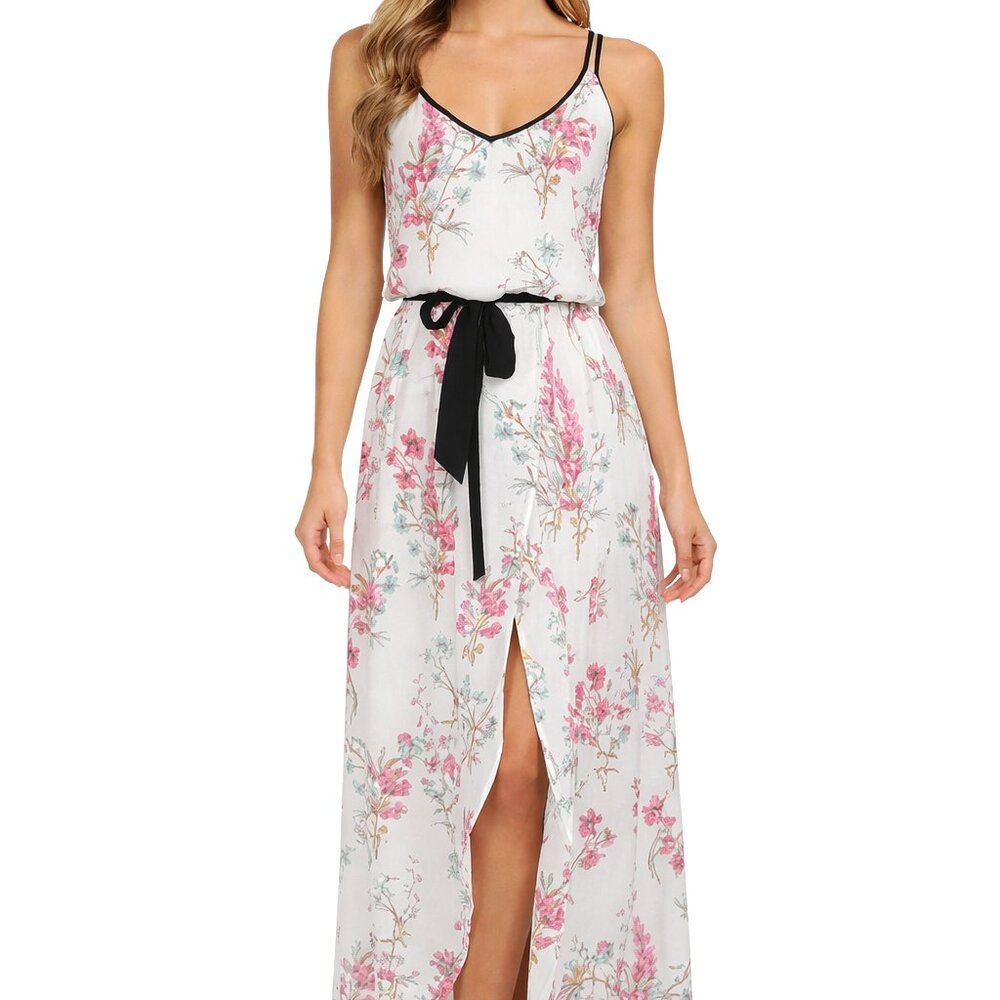 Candie’s Coquette Floral Romper Maxi Dress - Pink Rose Print White Black Belted